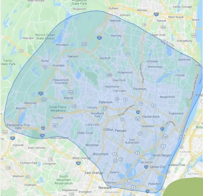 Only Skunk delivery area map covering North Jersey